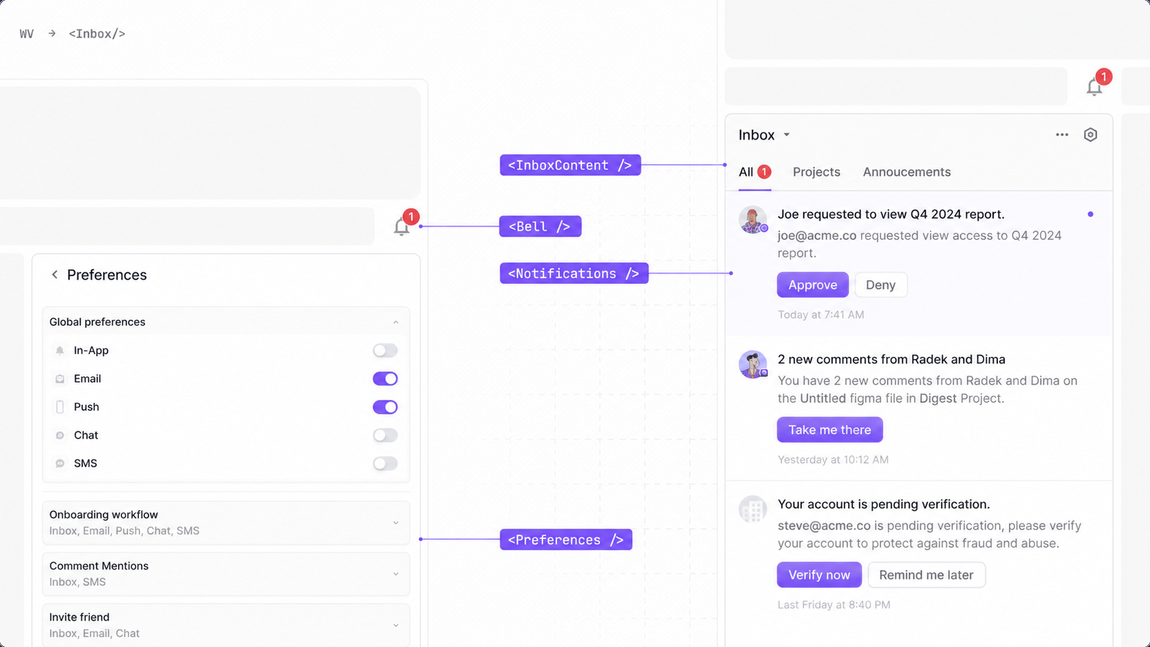 Fully functional and customizable React Inbox component with bell, notification feed, and preference controls