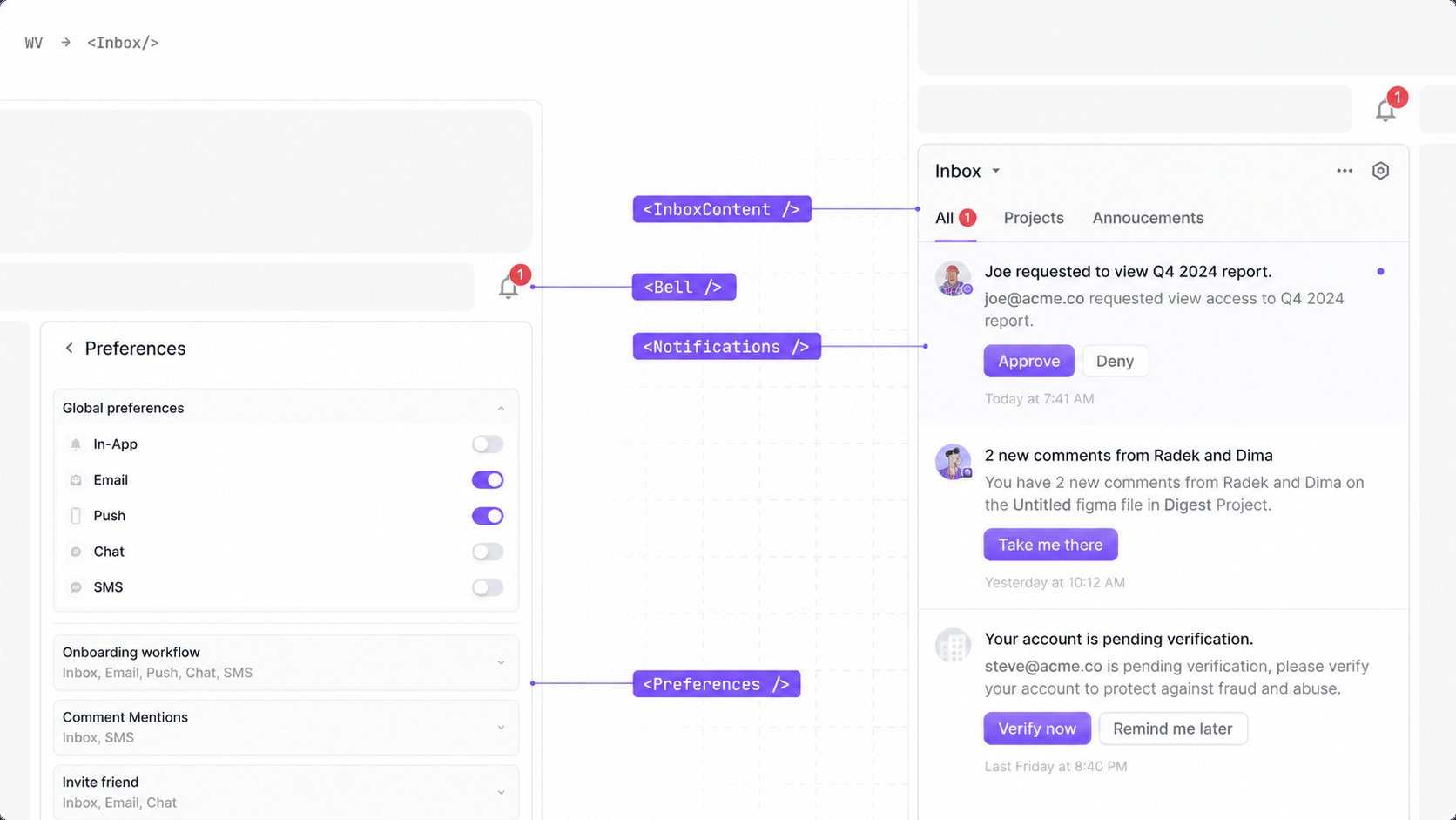 Fully functional and customizable React Inbox component with bell, notification feed, and preference controls