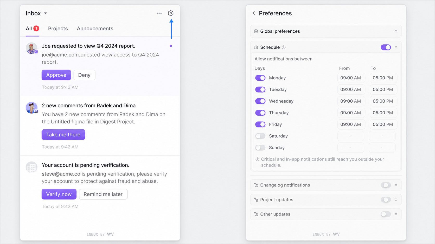 Open Preferences from the Inbox to configure weekly notification hours