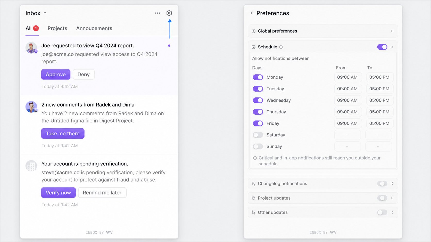 Open Preferences from the Inbox to configure weekly notification hours