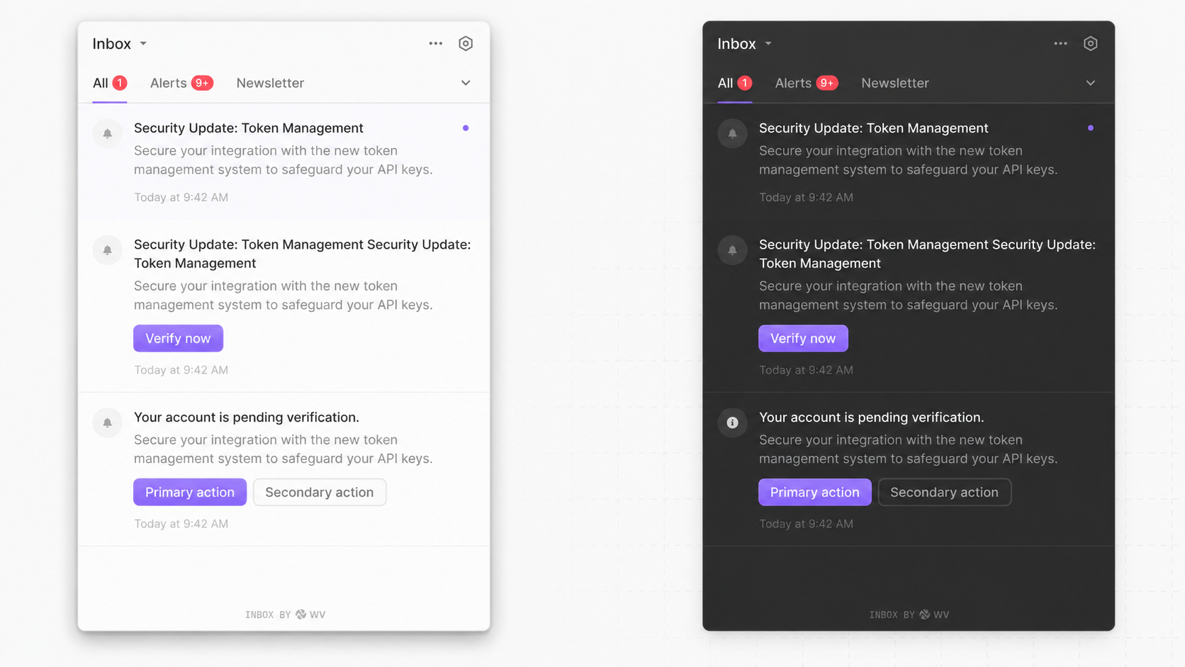 WorldVisa Inbox component showing bell icon, notification list, and preferences panel