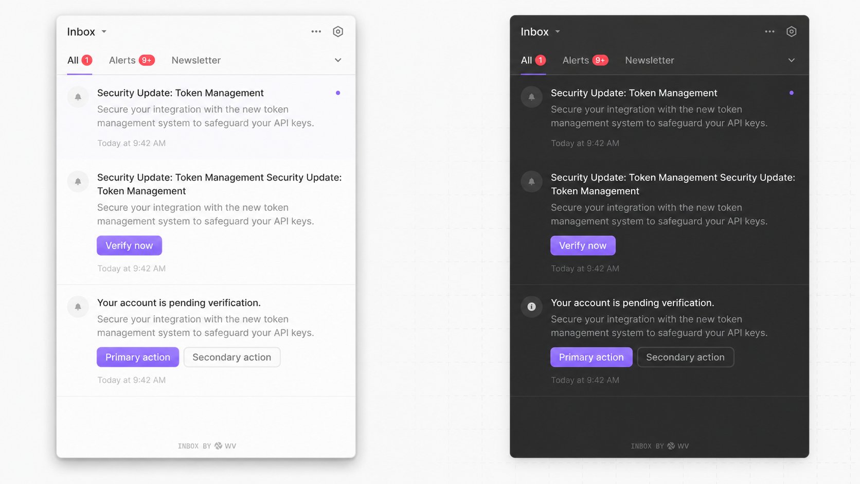 WorldVisa Inbox component showing bell icon, notification list, and preferences panel