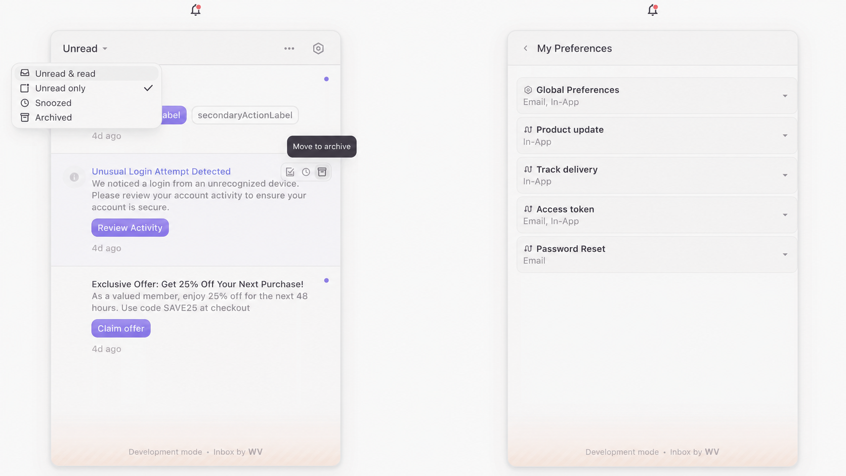 Overriding the default text in the Inbox component UI using localization prop