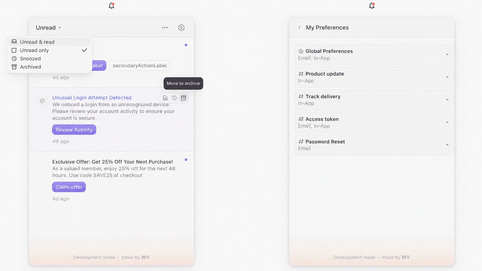 Overriding the default text in the Inbox component UI using localization prop