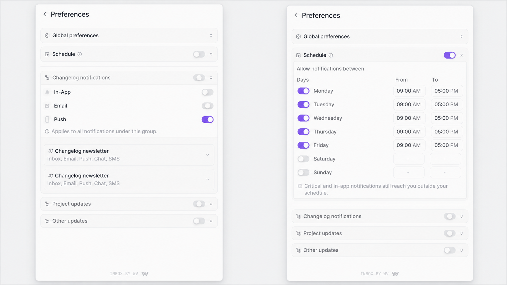 Inbox preferences with scheduling disabled and weekly availability enabled