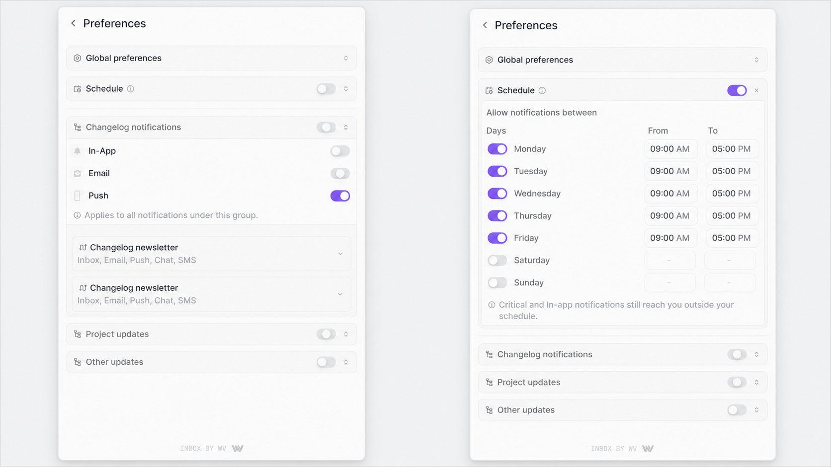 Inbox preferences with scheduling disabled and weekly availability enabled