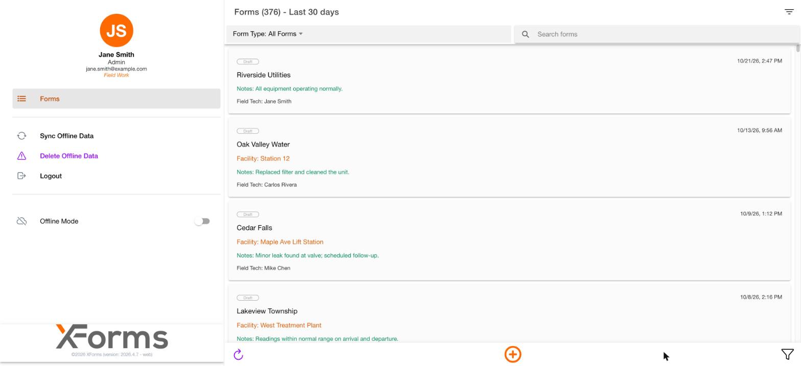 Forms list with the side menu open on the left