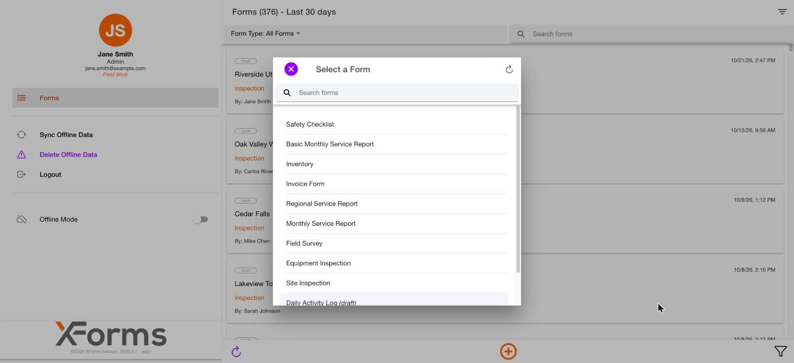 Select a form window listing available forms with a search box at the top