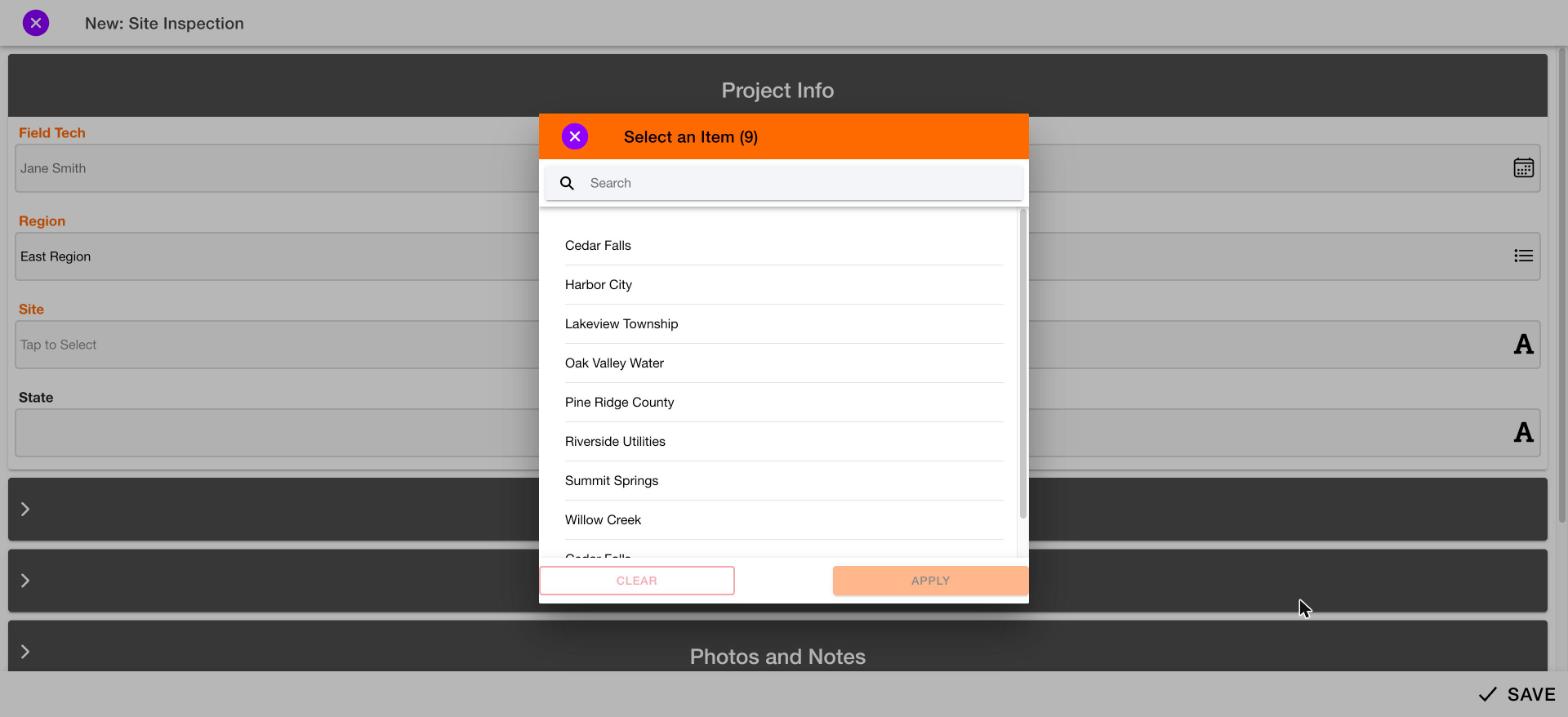 A pick list window with a search box and a list of items to choose from