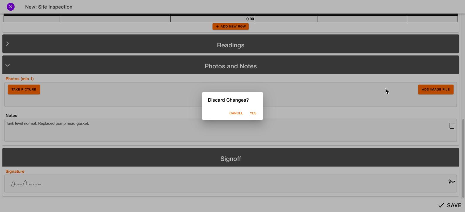Discard changes dialog with Yes and Cancel buttons