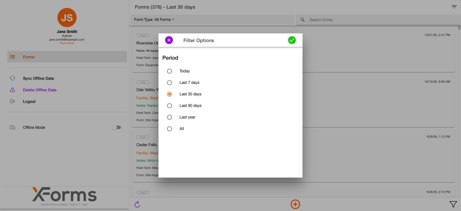 Filter Options window with the Period list