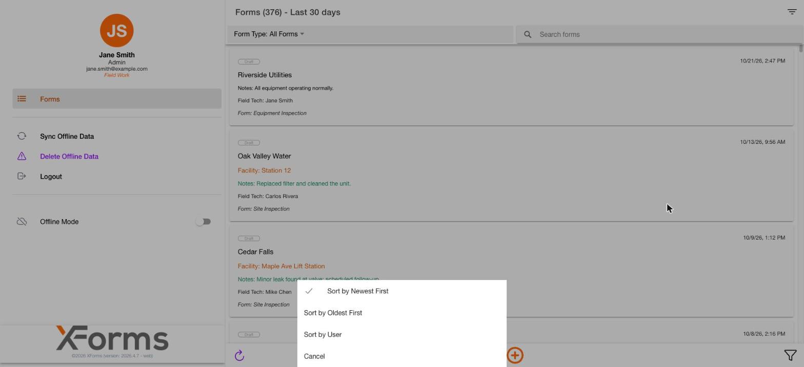 Sort menu with Newest First, Oldest First and User options