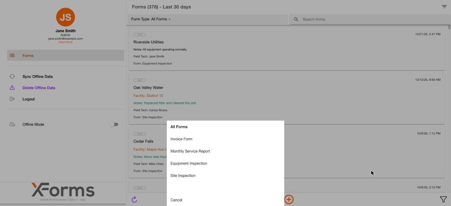 Form Type menu listing form types with All Forms and Cancel