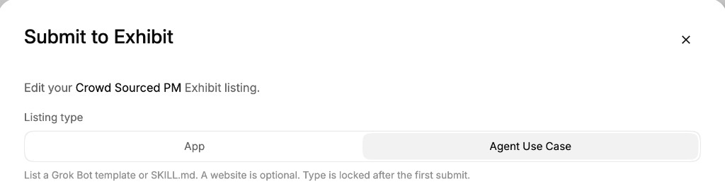 Listing type toggle set to App, with Agent Use Case beside it