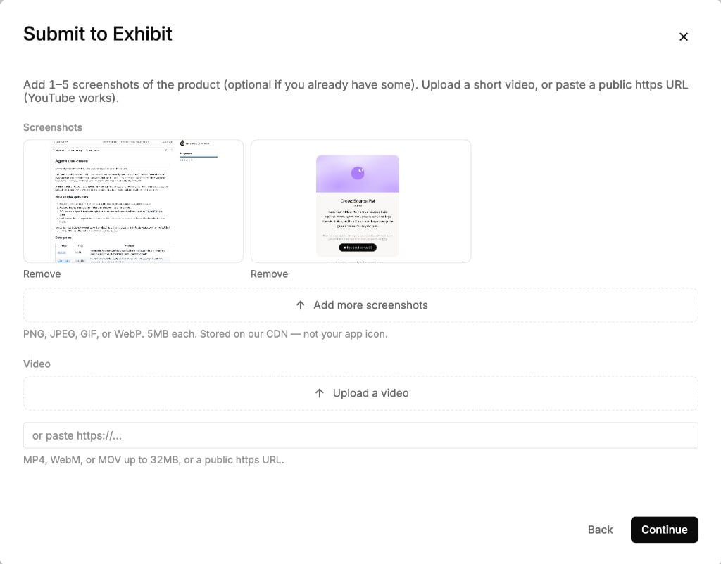 Screenshot slots and an optional video field on the Exhibit media step
