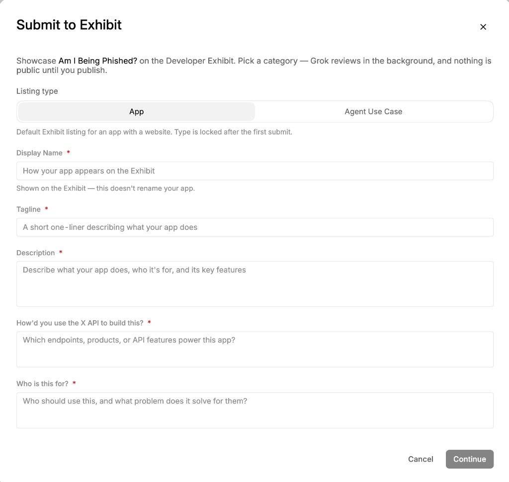 Exhibit details form for an app listing