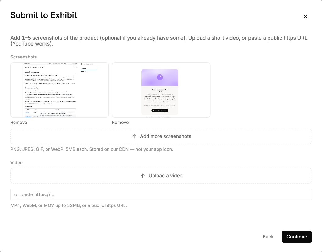 Screenshot slots and an optional video field on the Exhibit media step