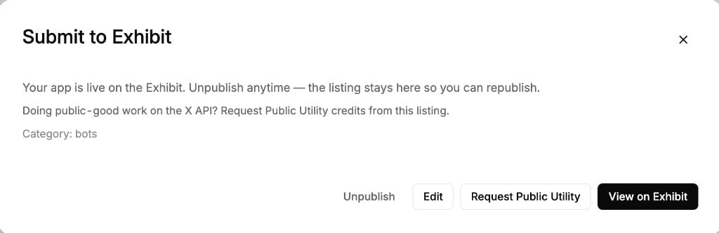 A live Exhibit listing in the Console, with unpublish and the Public Utility request