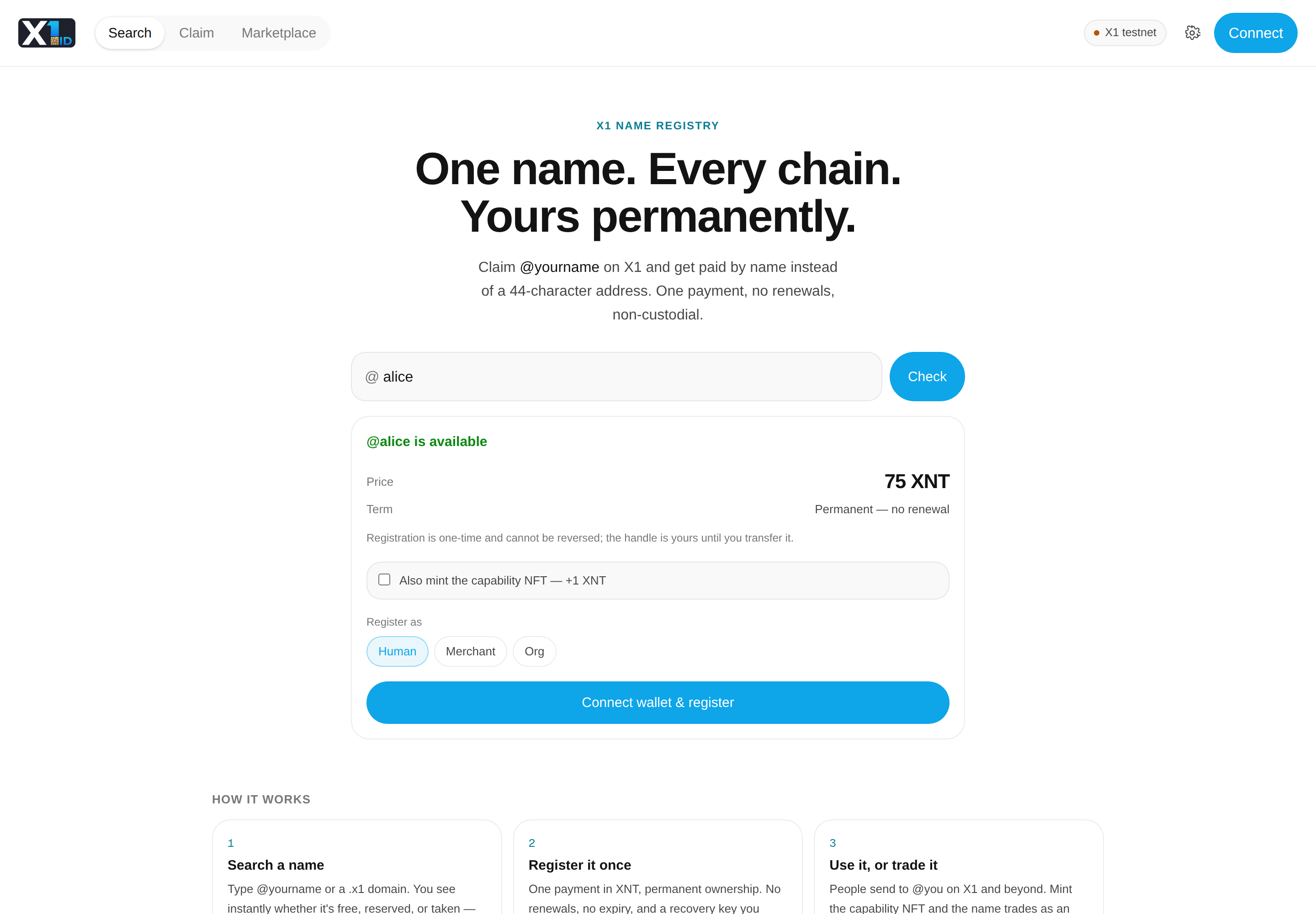 Searching @alice — available, 75 XNT, permanent with no renewal.