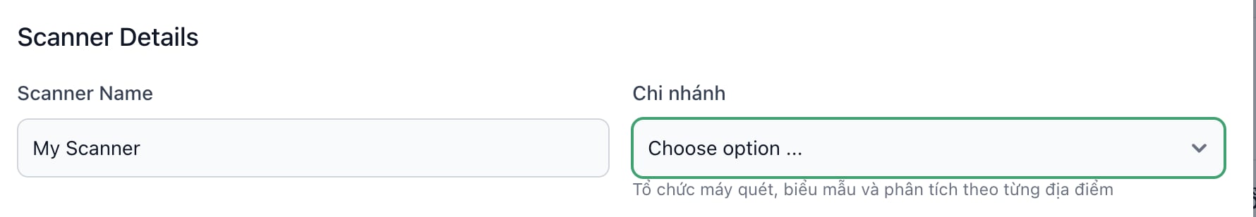 Trường Chi nhánh trong hộp thoại tạo máy quét