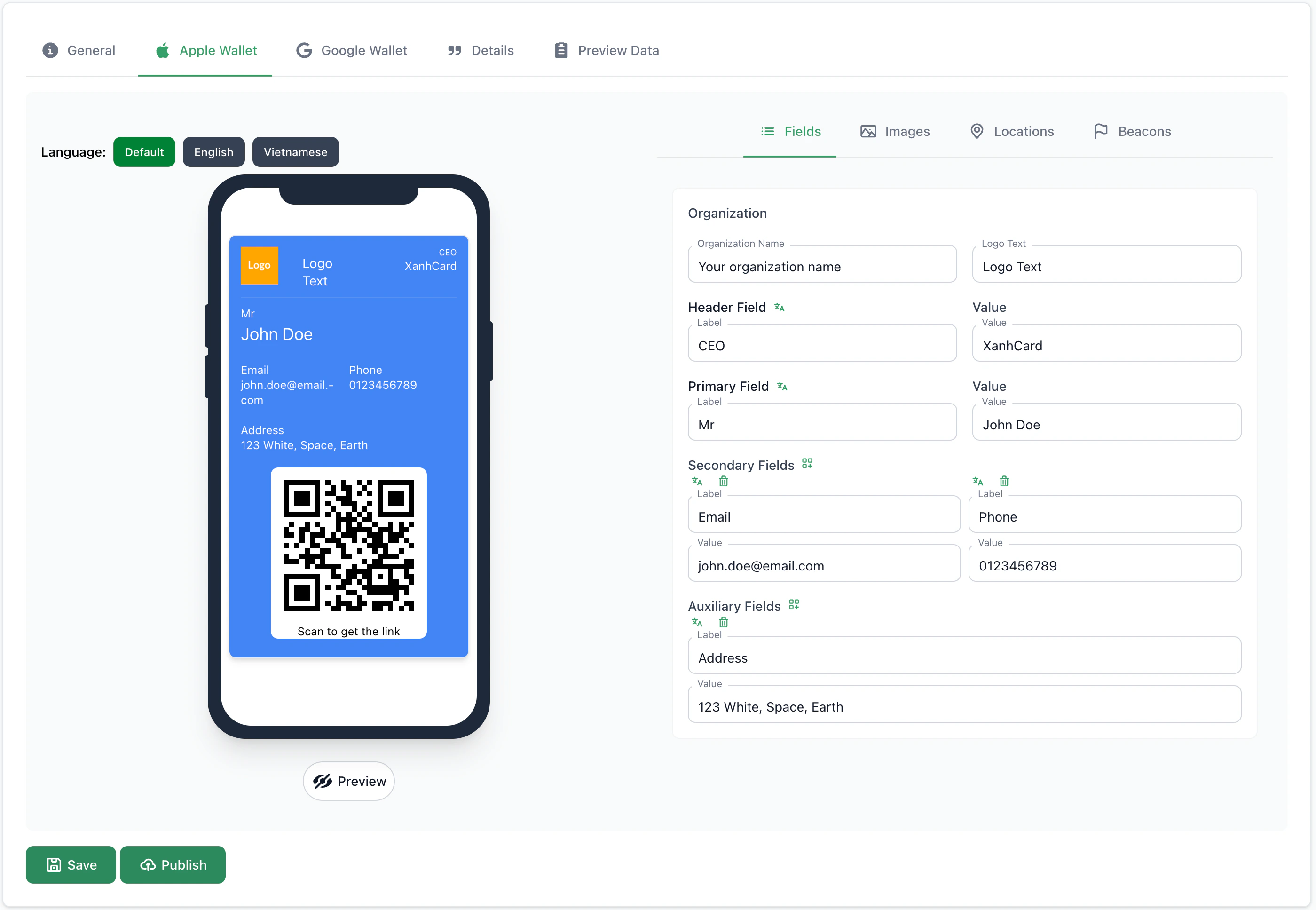 Tab Apple Wallet - Fields