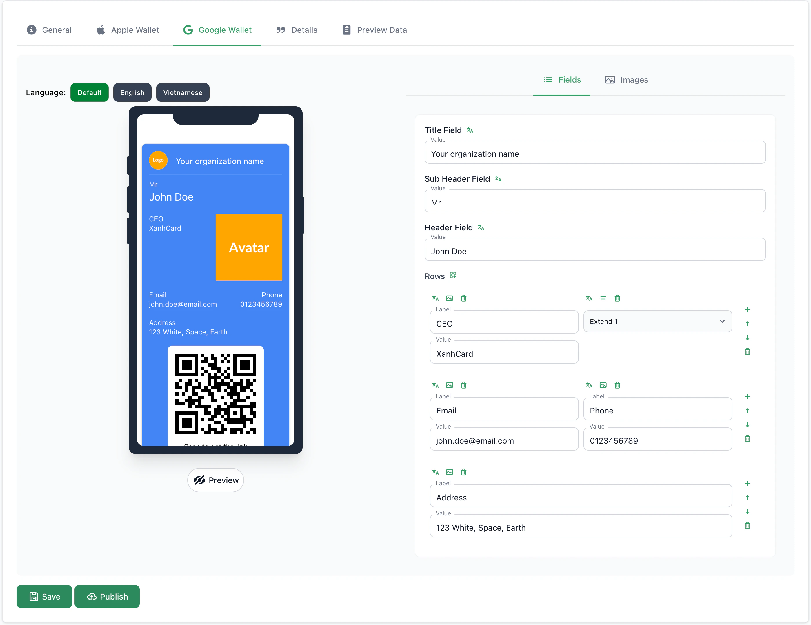 Tab Google Wallet - Fields
