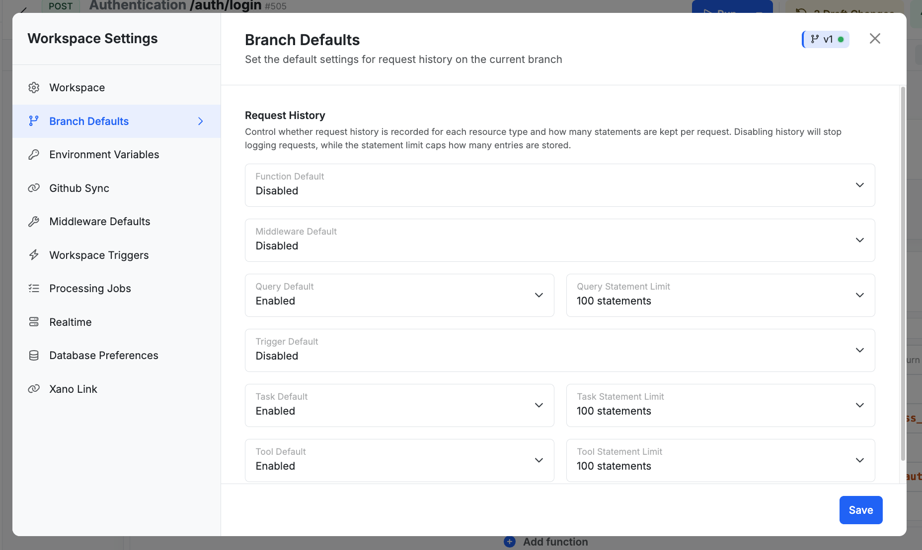 Branch defaults settings panel showing request history options