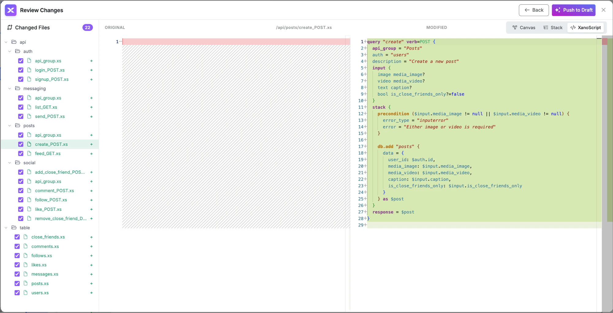 Xano Agent review changes