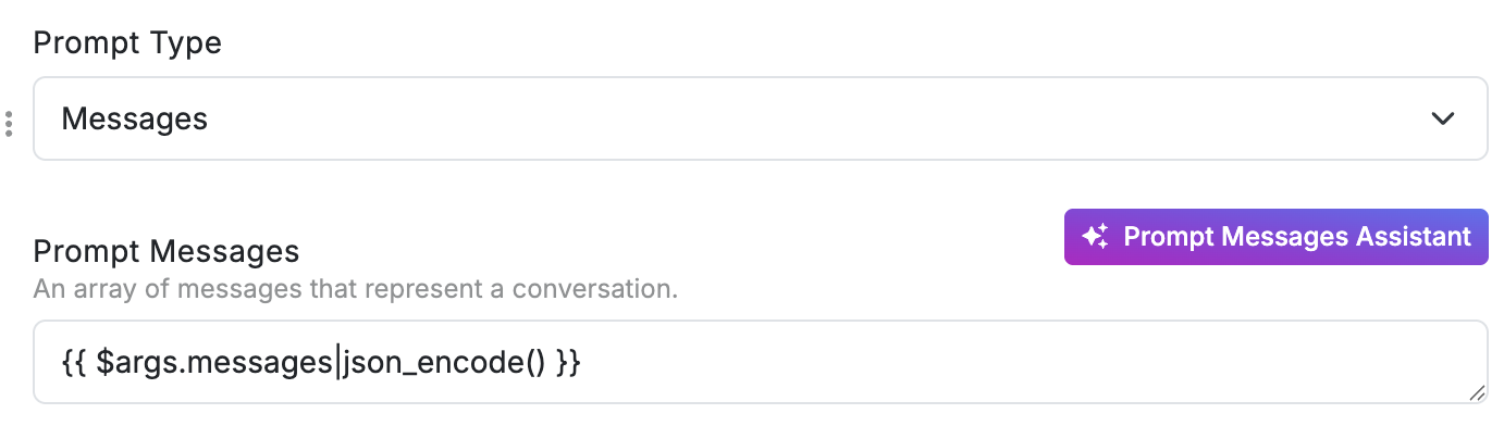 Setting the prompt type to Messages and the agent messages value