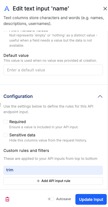 Inputs - Xano Documentation