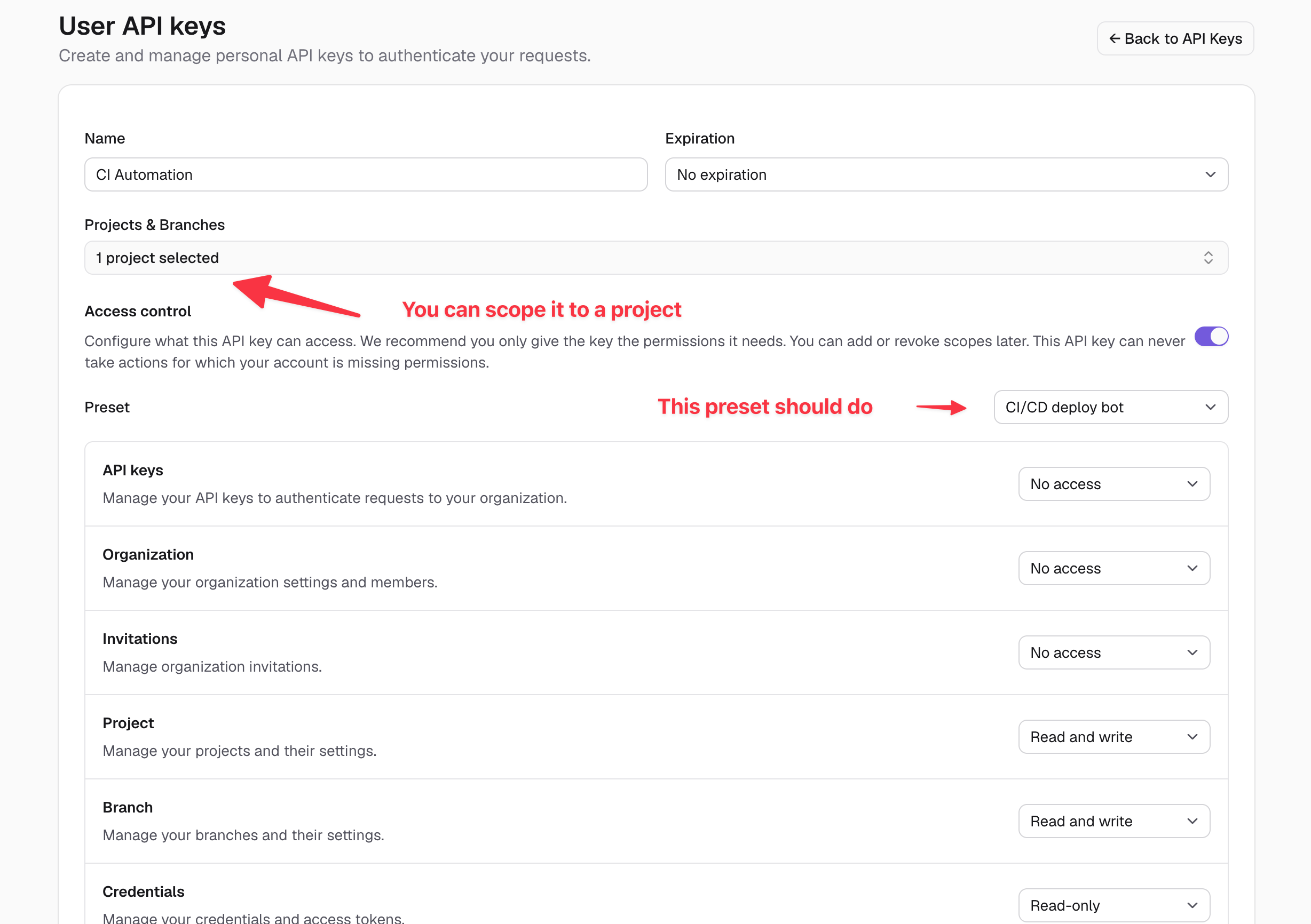 Xata user API key form scoped to one project with the CI/CD deploy bot preset selected