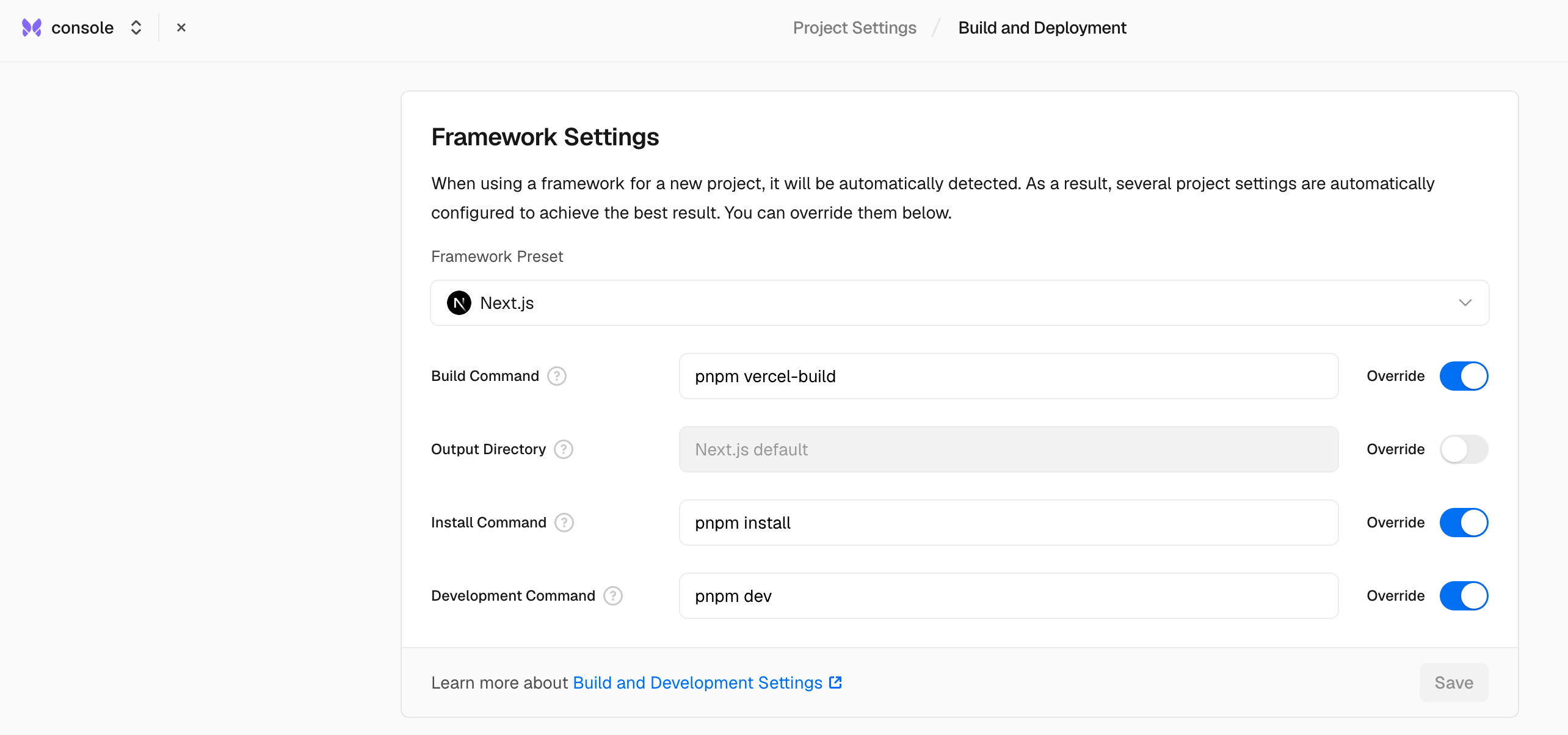 Vercel Framework Settings with the Build Command override set to pnpm vercel-build