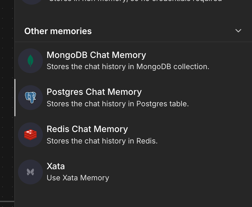 n8n memory provider list showing Postgres Chat Memory and the out-of-date Xata option