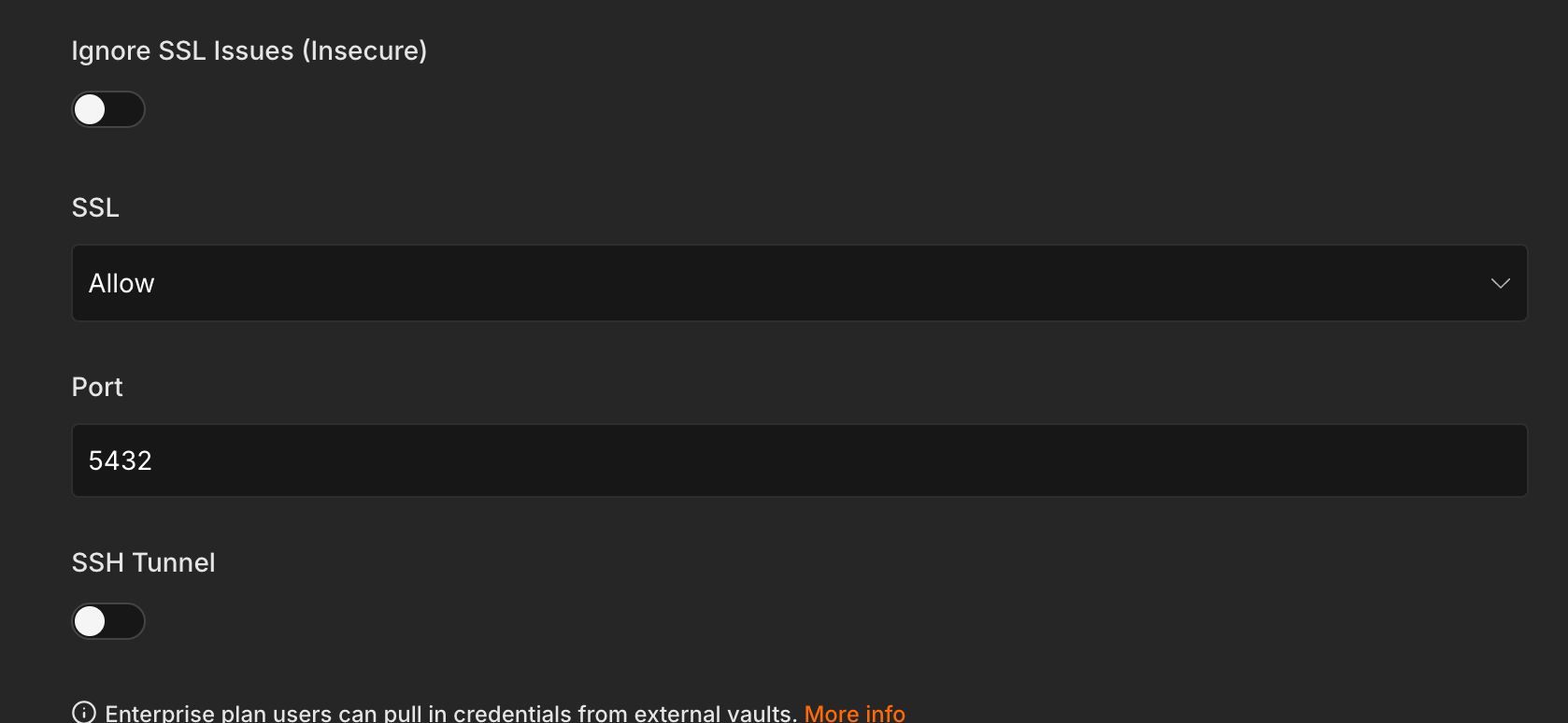 n8n PostgreSQL SSL settings with SSL set to Allow and port 5432
