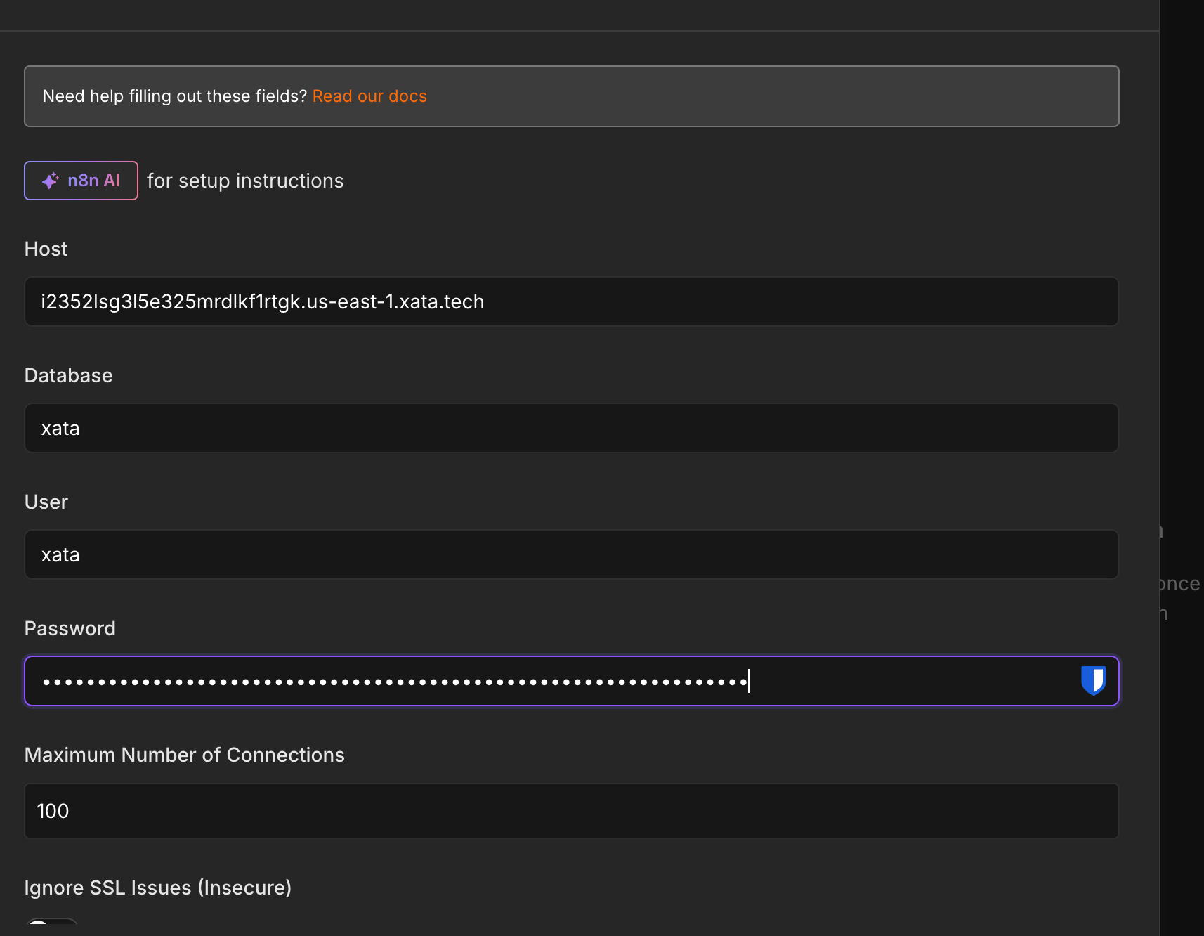 n8n PostgreSQL credential form filled in with Xata connection details