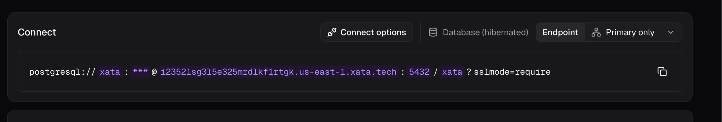 Xata project overview showing the PostgreSQL connection string