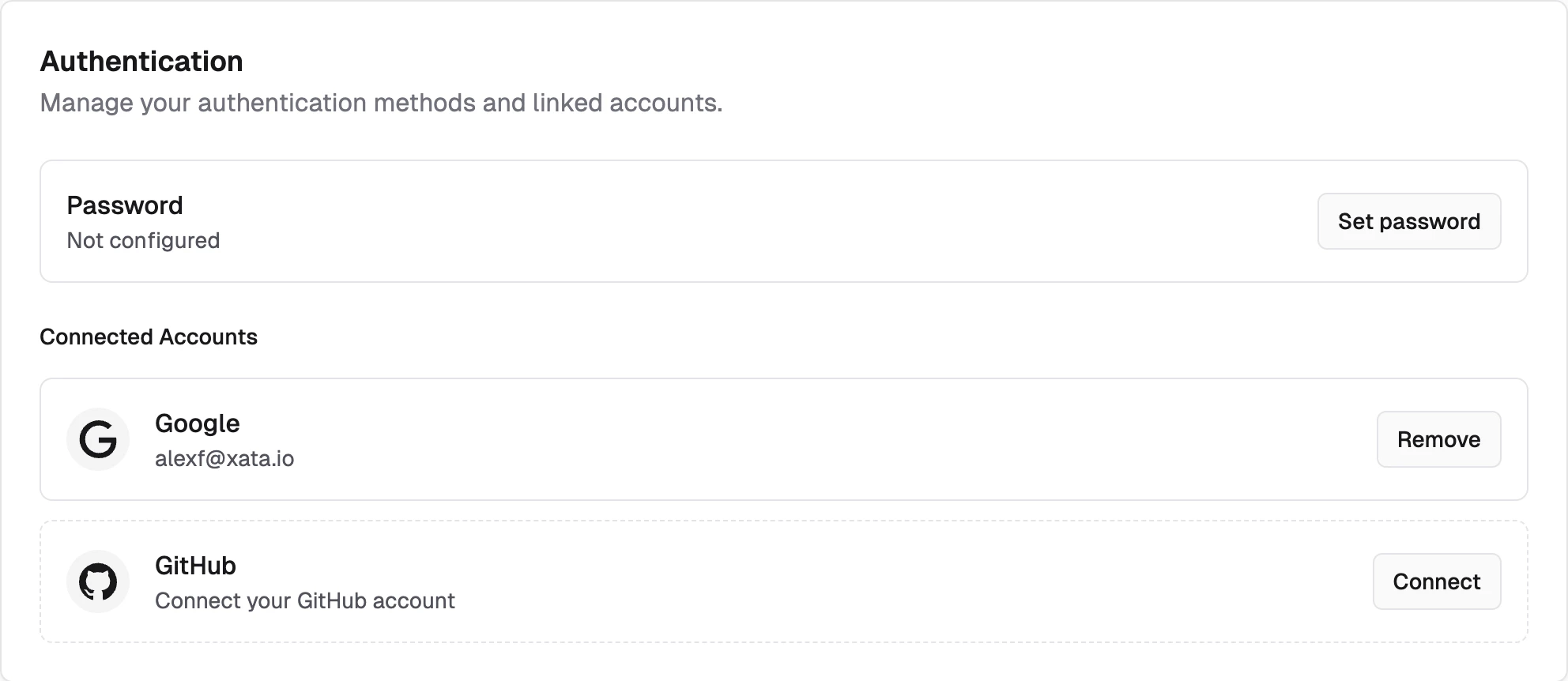 Authentication settings interface