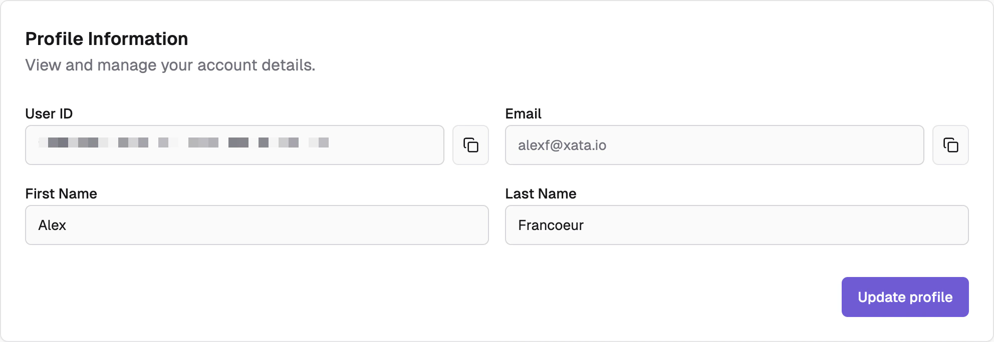 Account profile settings interface