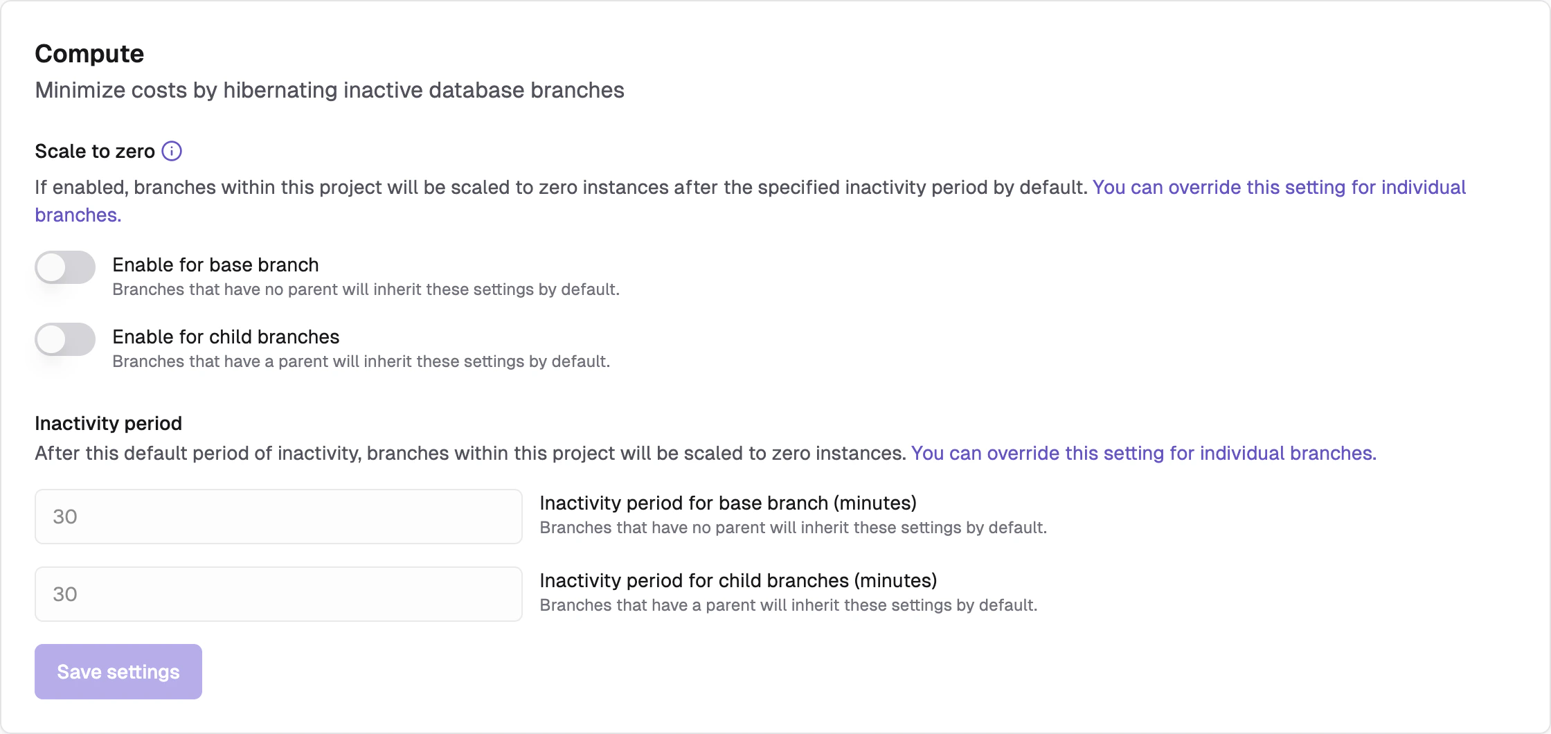Project-level compute settings showing scale to zero configuration options