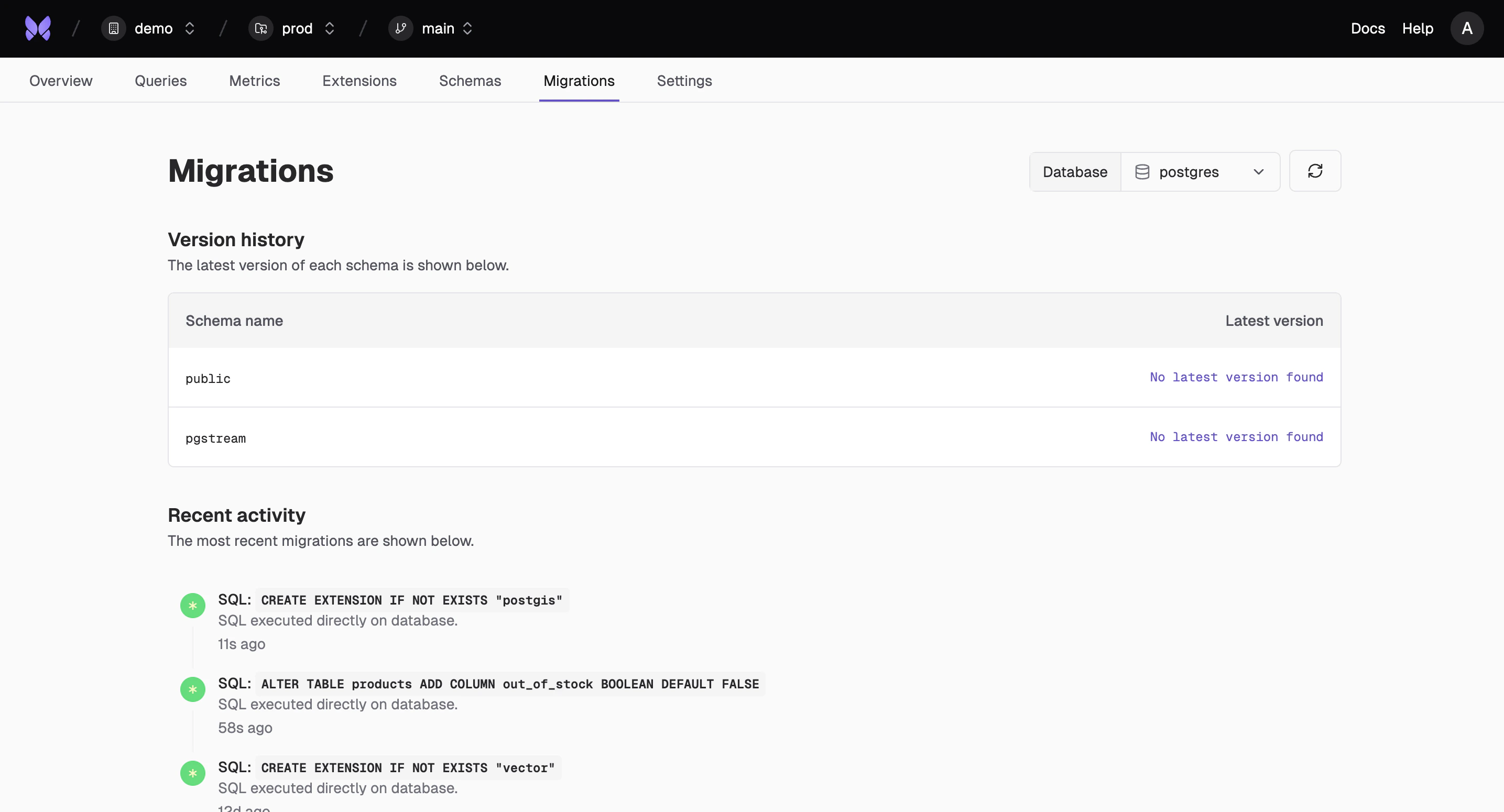 Migrations interface showing version history, recent activity, and database migration management