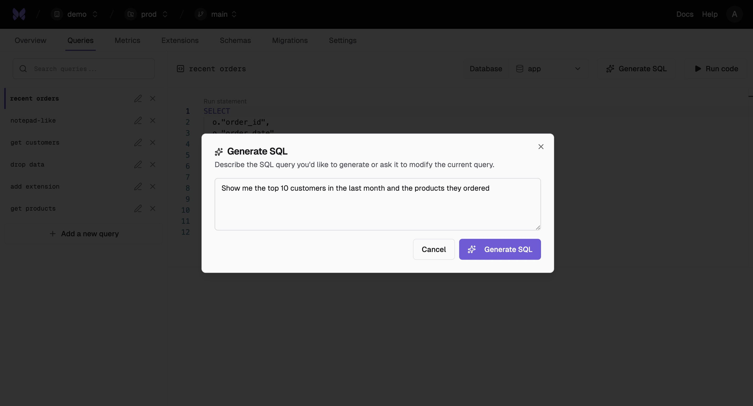 SQL generation interface showing natural language to SQL conversion