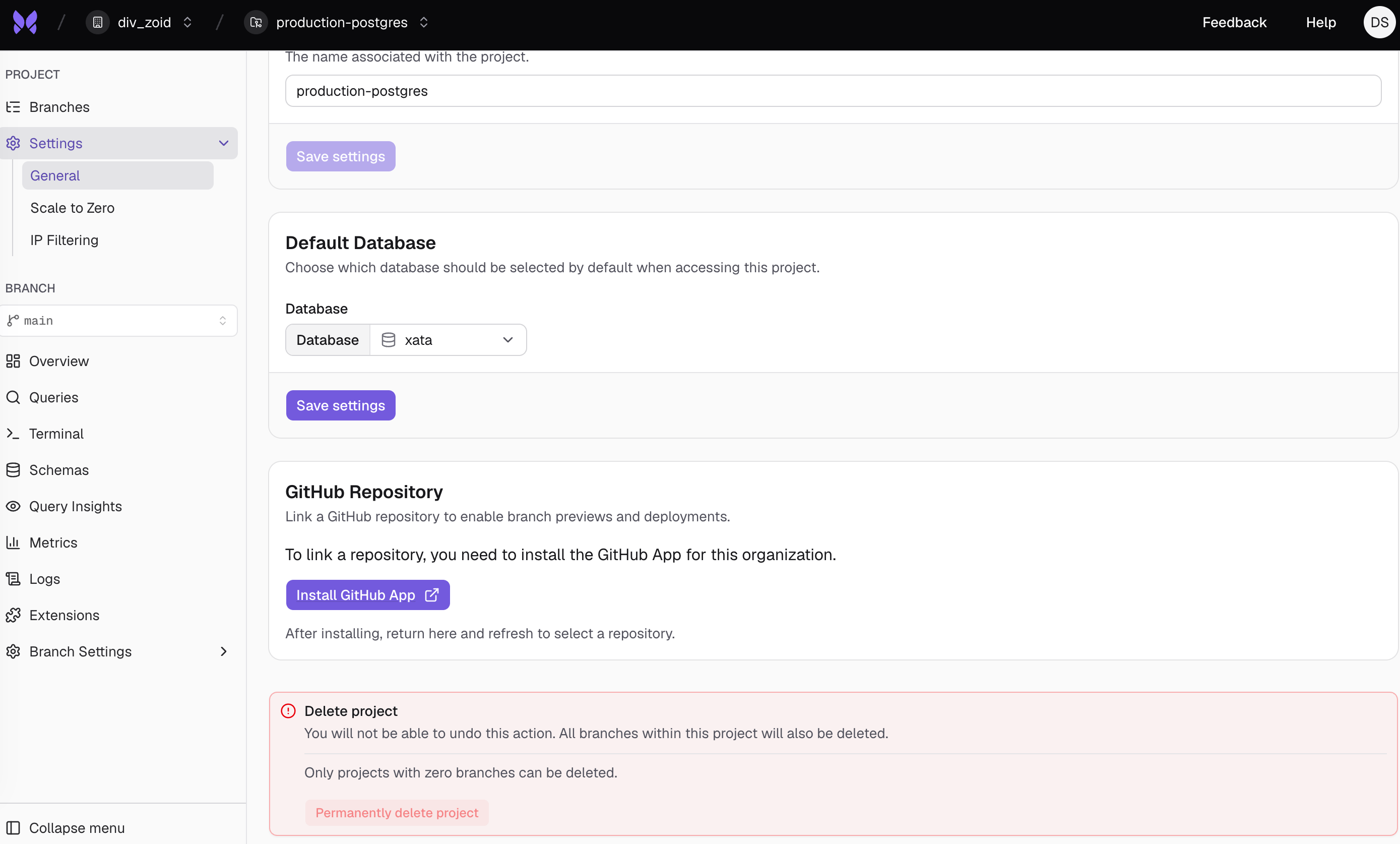 Project settings page showing the GitHub Repository section and Install GitHub App button