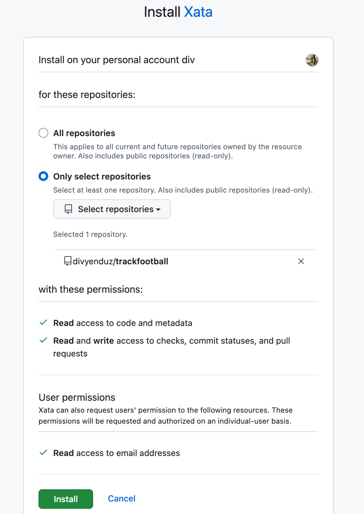 GitHub App installation page showing repository selection and requested permissions