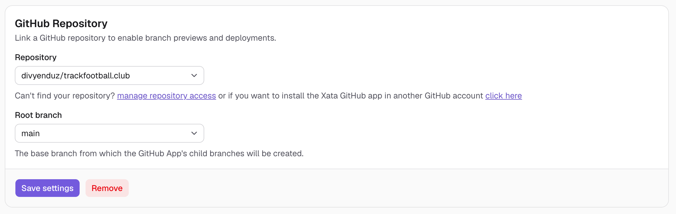 GitHub Repository settings showing repository and root branch selectors