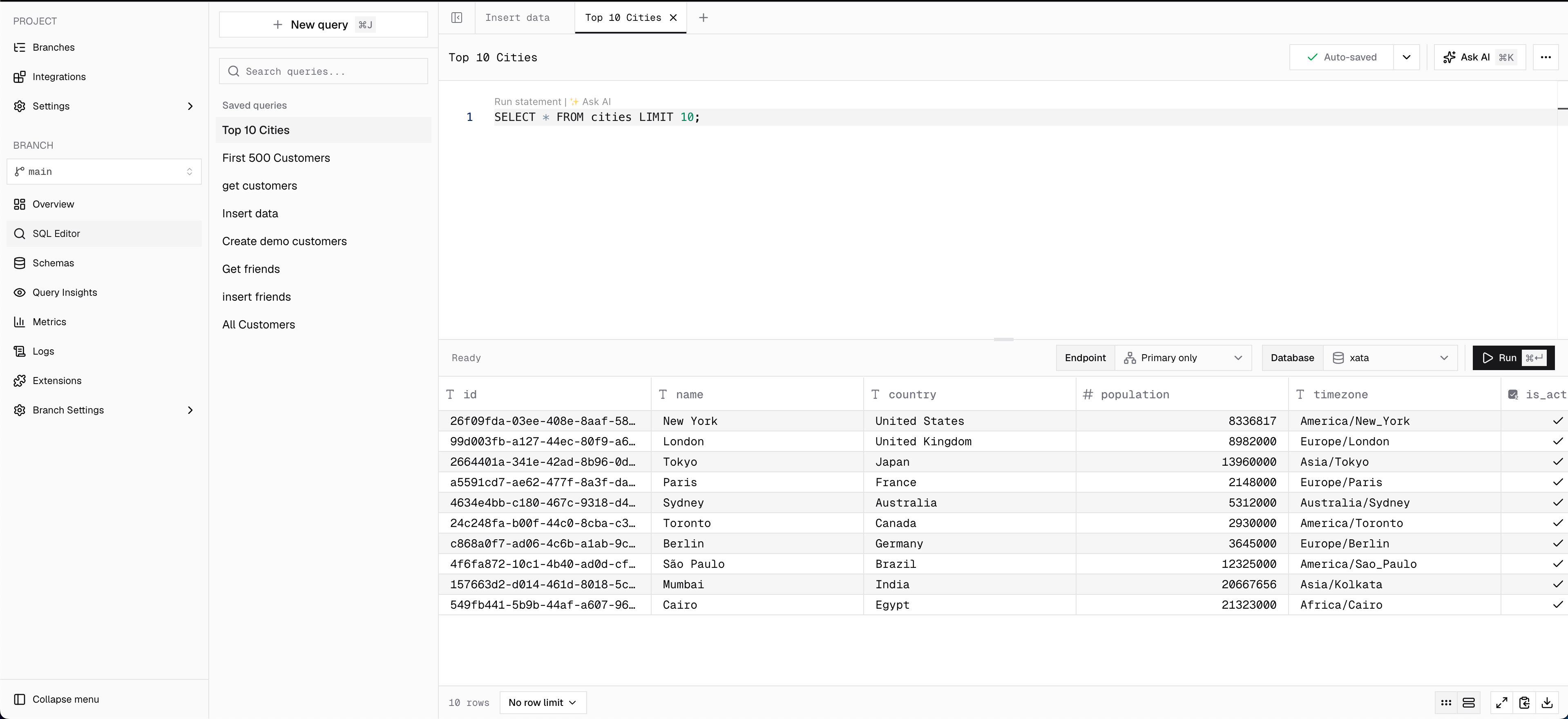 SQL Editor with saved queries in the sidebar, open queries in tabs, and query results below the editor