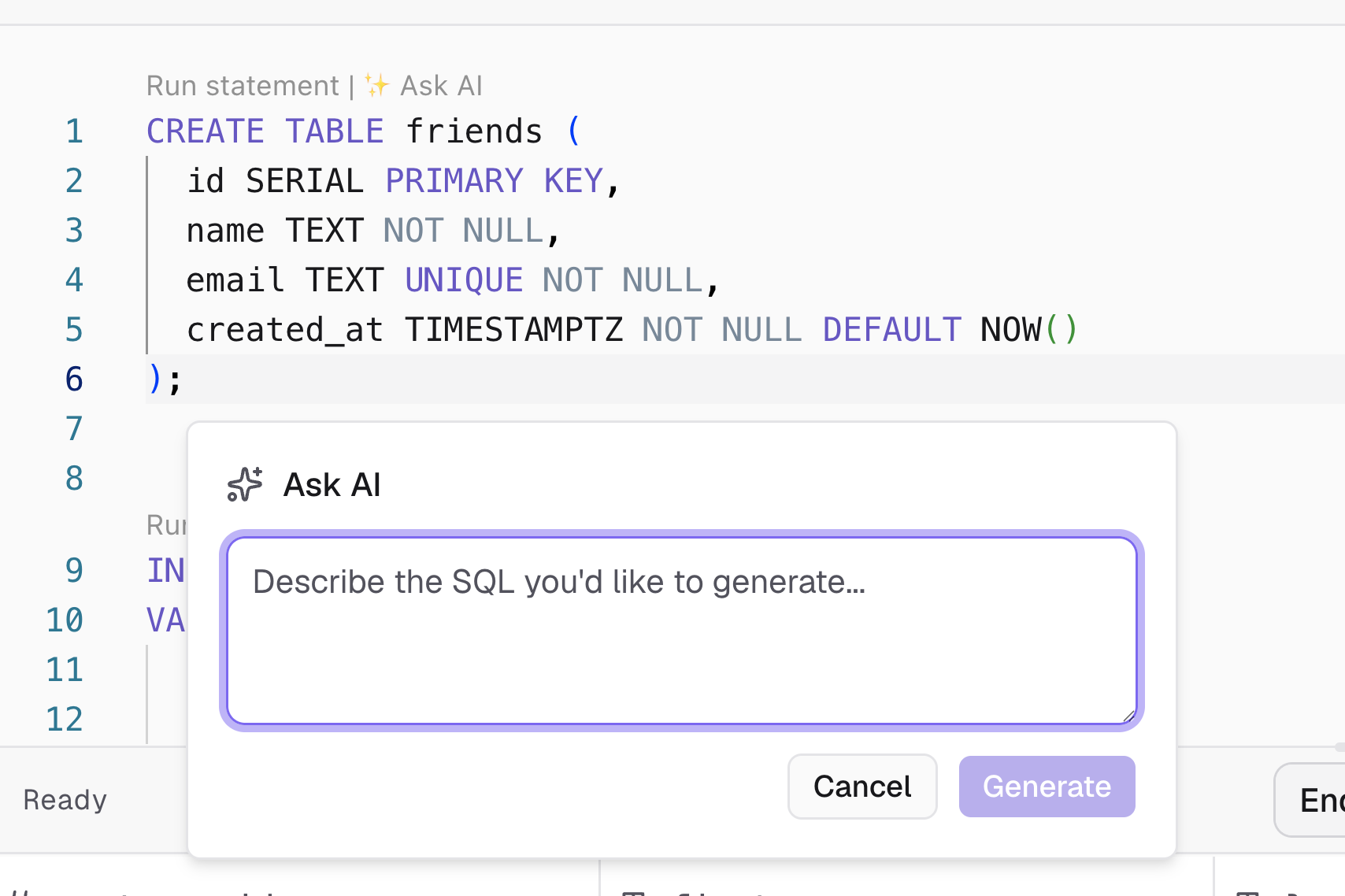 SQL generation interface showing natural language to SQL conversion