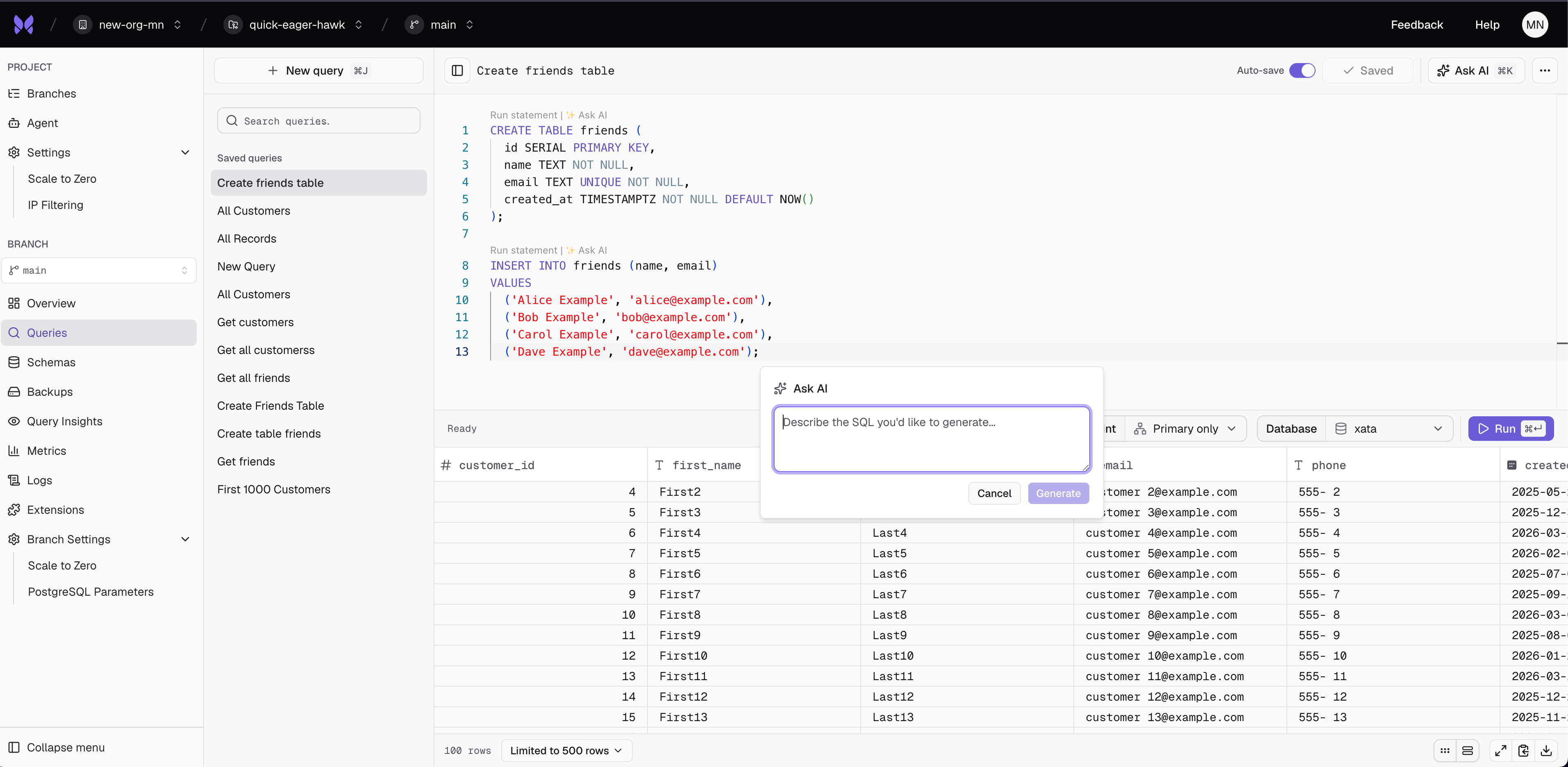 Query view showing the database query interface with SQL editor and results