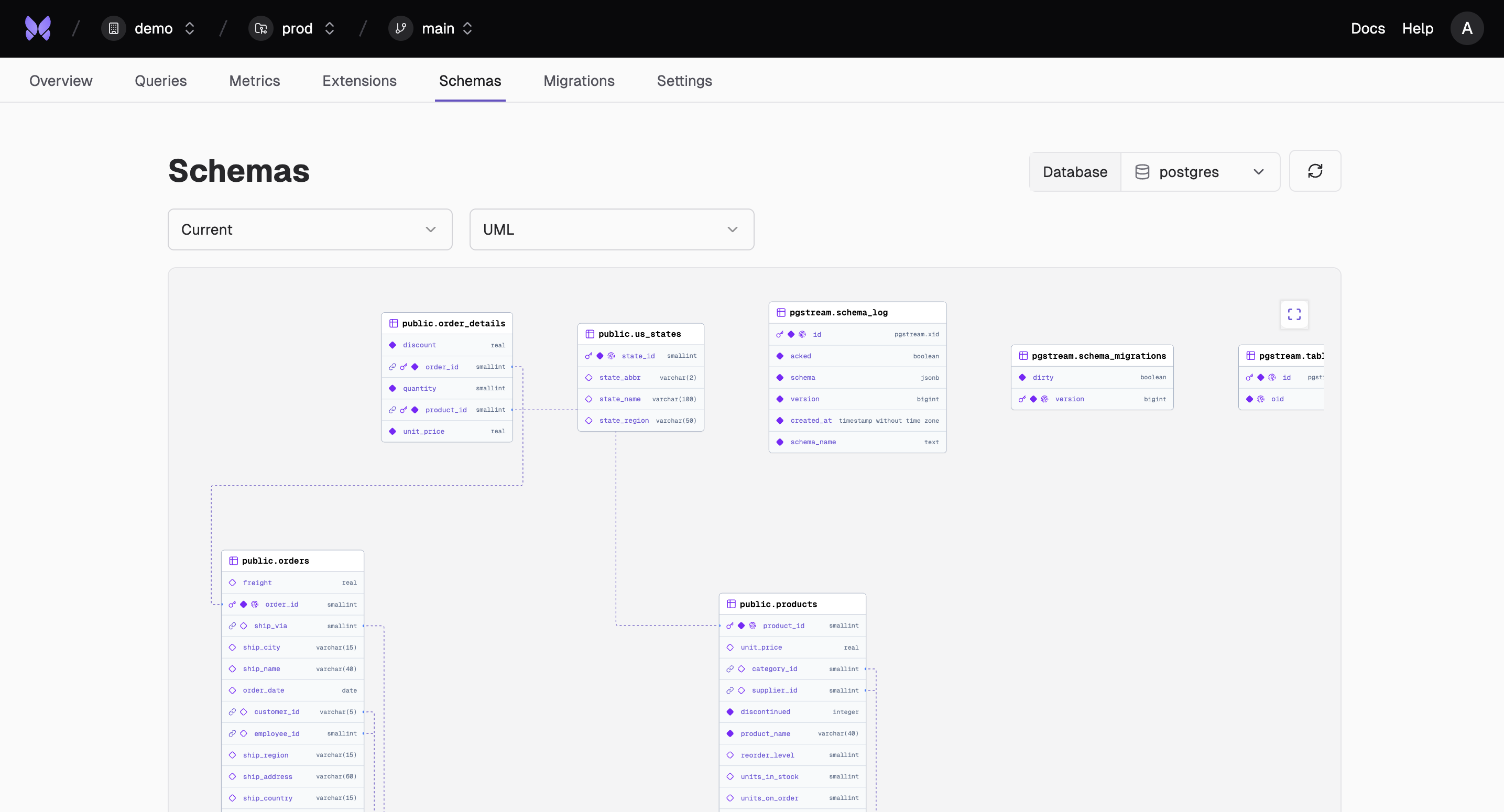 Database schemas interface showing table structure, relationships, and schema management tools