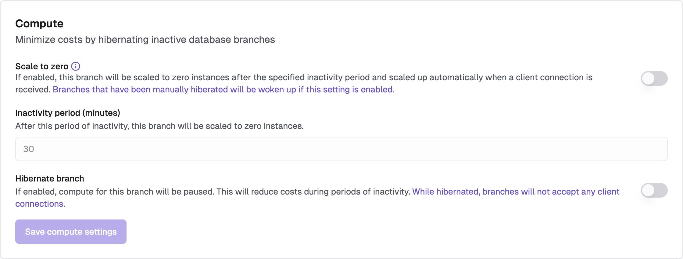 Configure compute and scale to zero for your branch