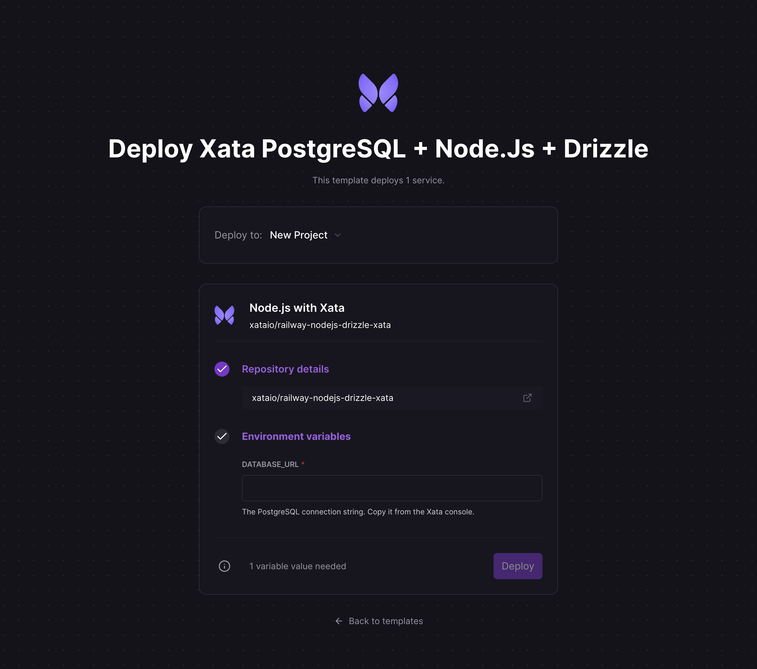 Railway template installation modal showing database URL configuration